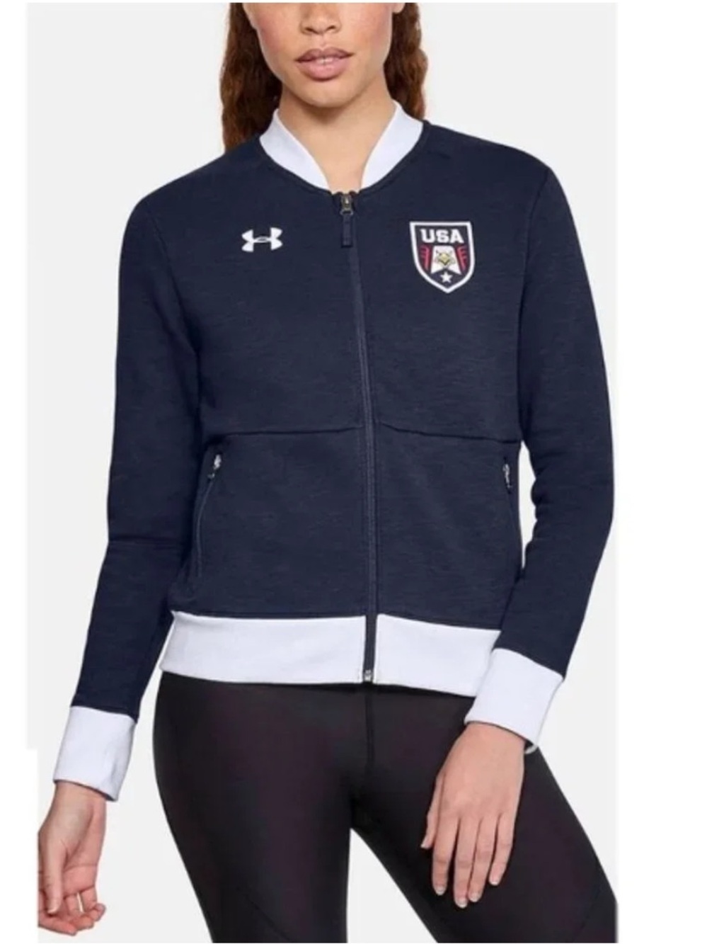 Under Armour Women's Navy USA Patriotic Bomber Jacket size large cotton soccer